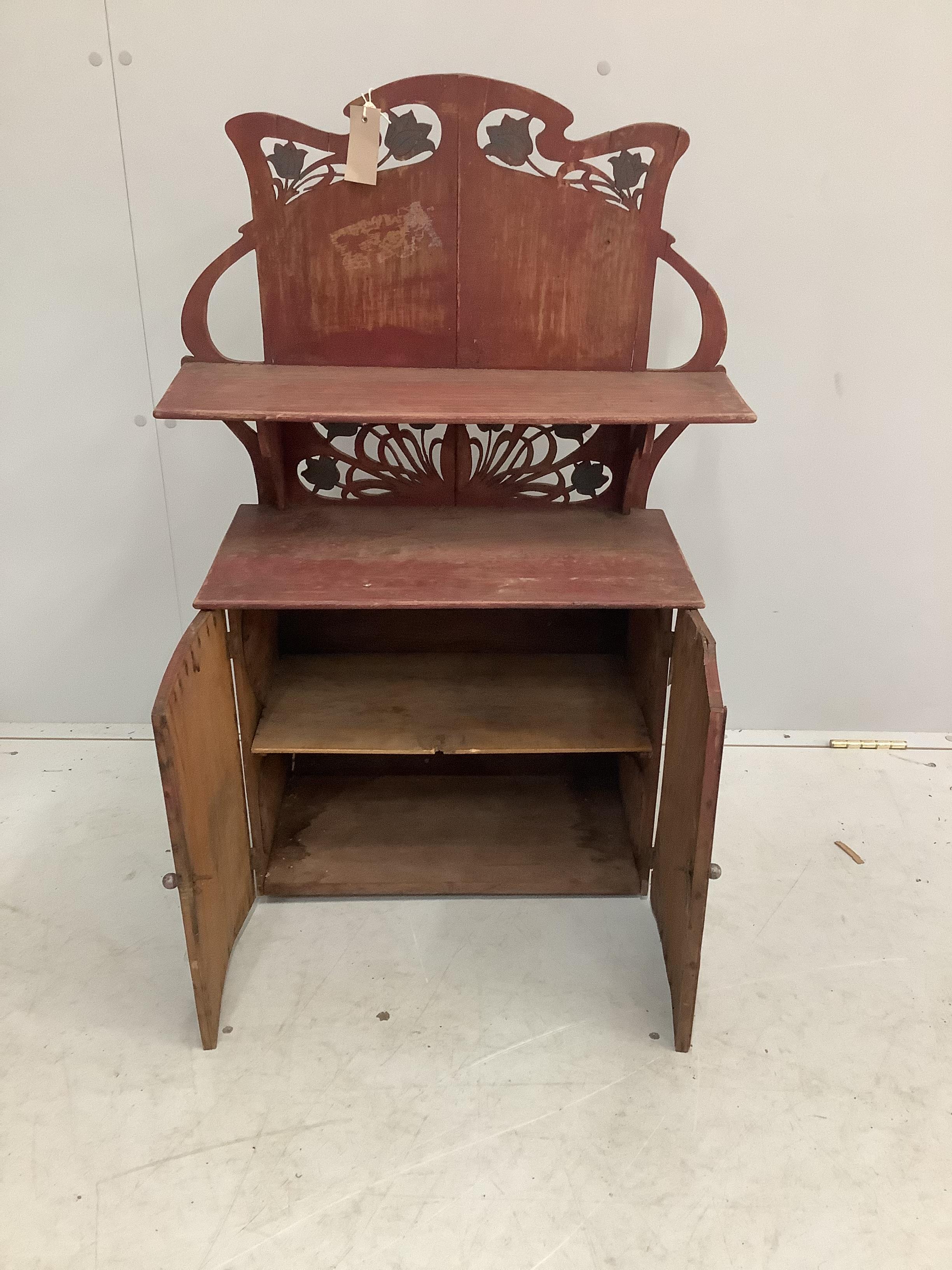 An Art Nouveau style painted wall cabinet, width 60cm, depth 26cm, height 86cm together with a painted hanging open bookcase